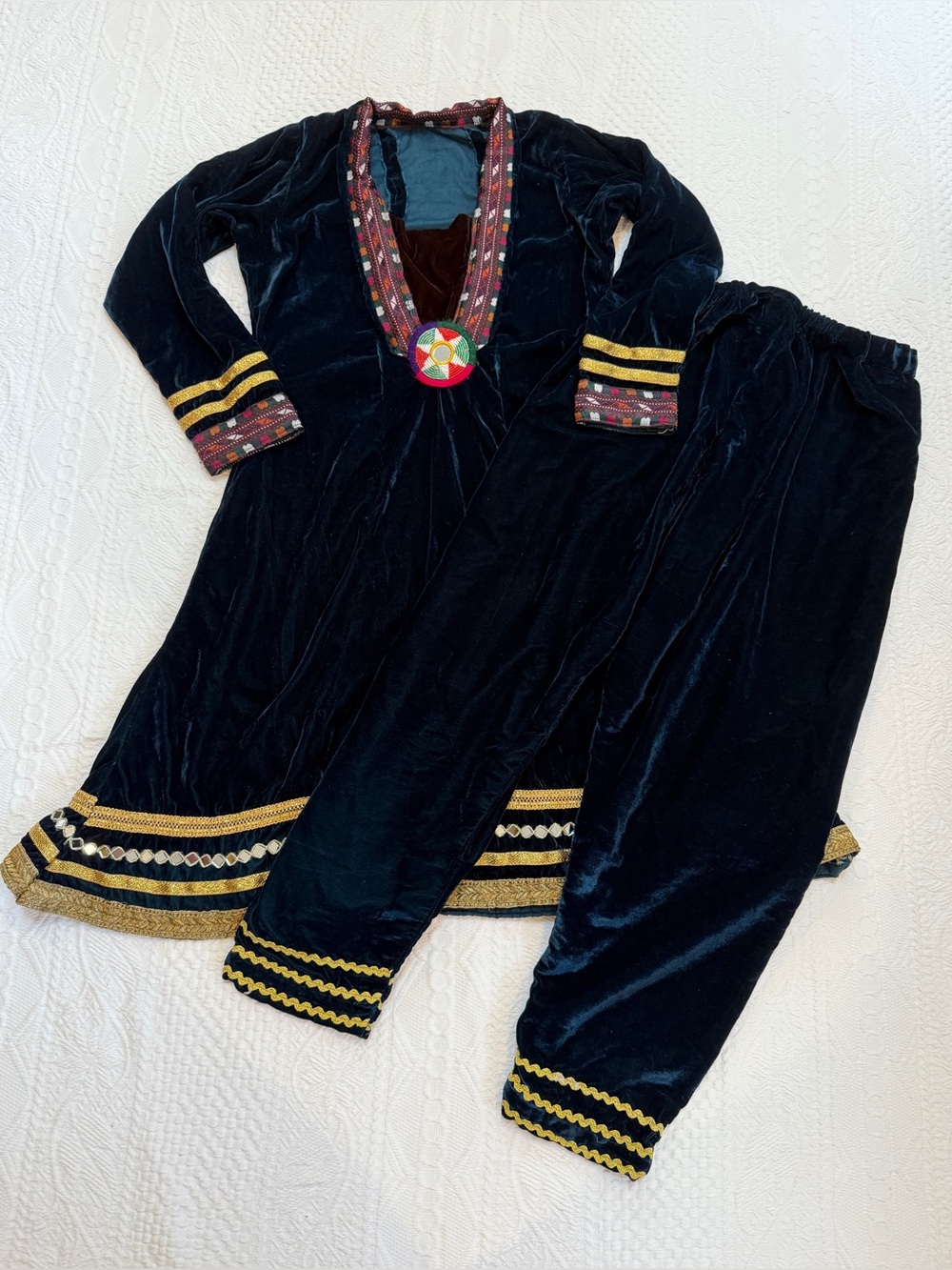 Afghan Traditional Velvet Kameez Kurta & Pants Set Embroidered Kuchi Style Blue